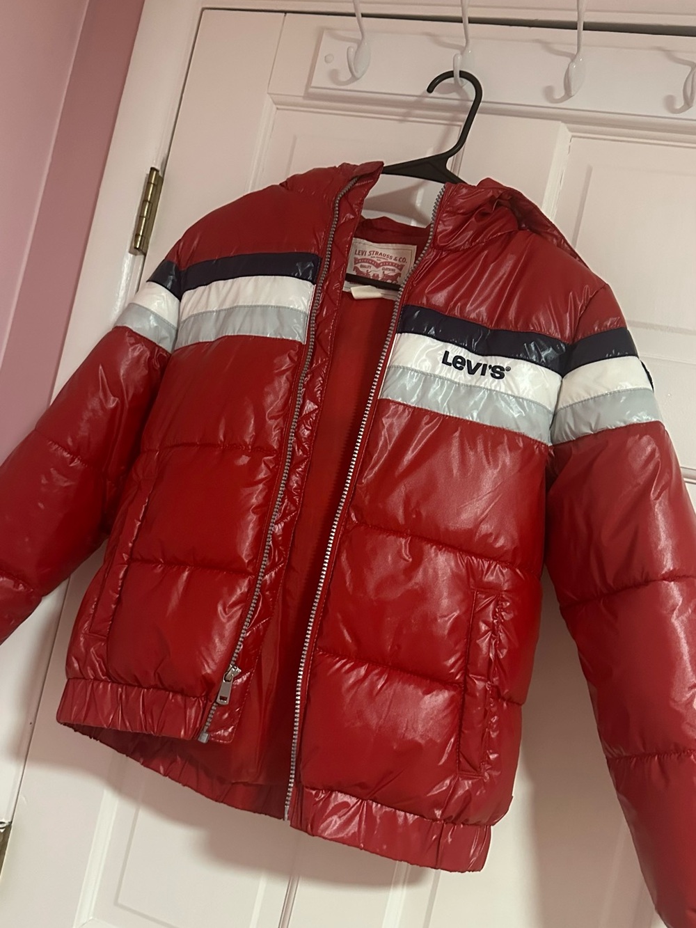 Levi's Red Hooded Kids Puffer with White & Navy Stripes
